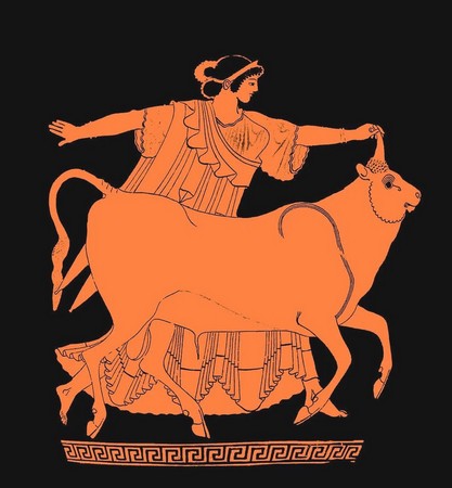 Enlèvement d'Europe, cratère à figure rouge, musée de Paestum (environ 350 av. J.-C.)