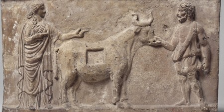 Dédale présente à Pasiphaé la vache qu'il a fabriquée pour elle