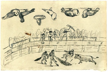 Pablo Picasso la course de taureau et six études de colombes, 1892